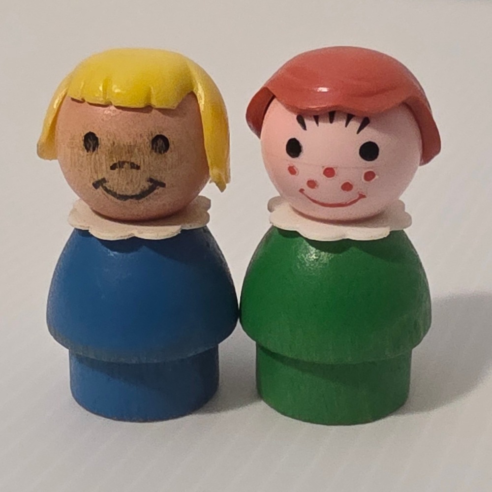 Fisher Price Little People Figures 2pc Blue Green Fair Vintage Wooden Body